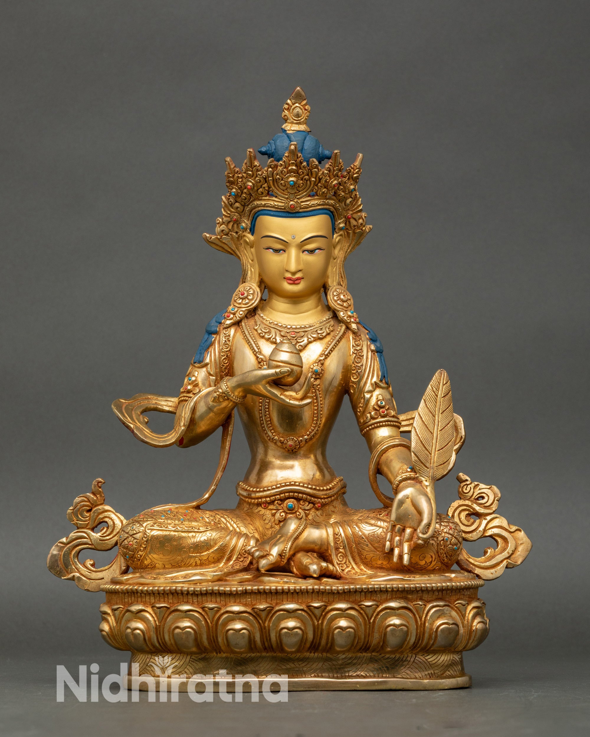 Front view Ksitigarbha statue with lotus throne, Cintamani jewel, turquoise and coral stones