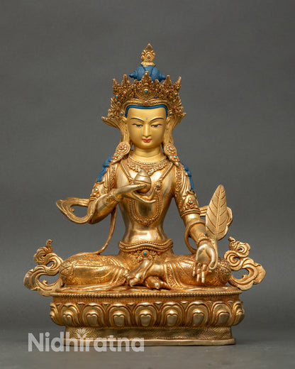 Front view Ksitigarbha statue with lotus throne, Cintamani jewel, turquoise and coral stones