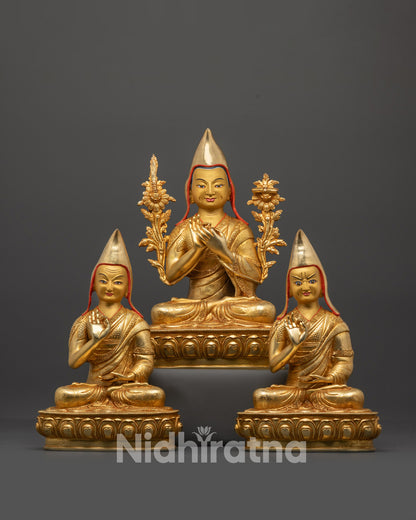 Front view Lama Je Tsongkhapa set with disciples gold-gilded faces on lotus seats
