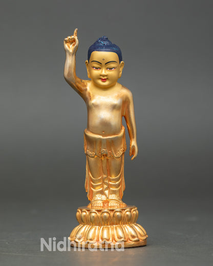 Front view Litted Buddha statue 24k gold copper standing on double lotus base