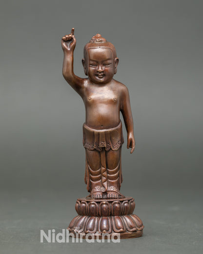 Front view Littel Buddha statue oxidized copper standing meditation deity for home altar