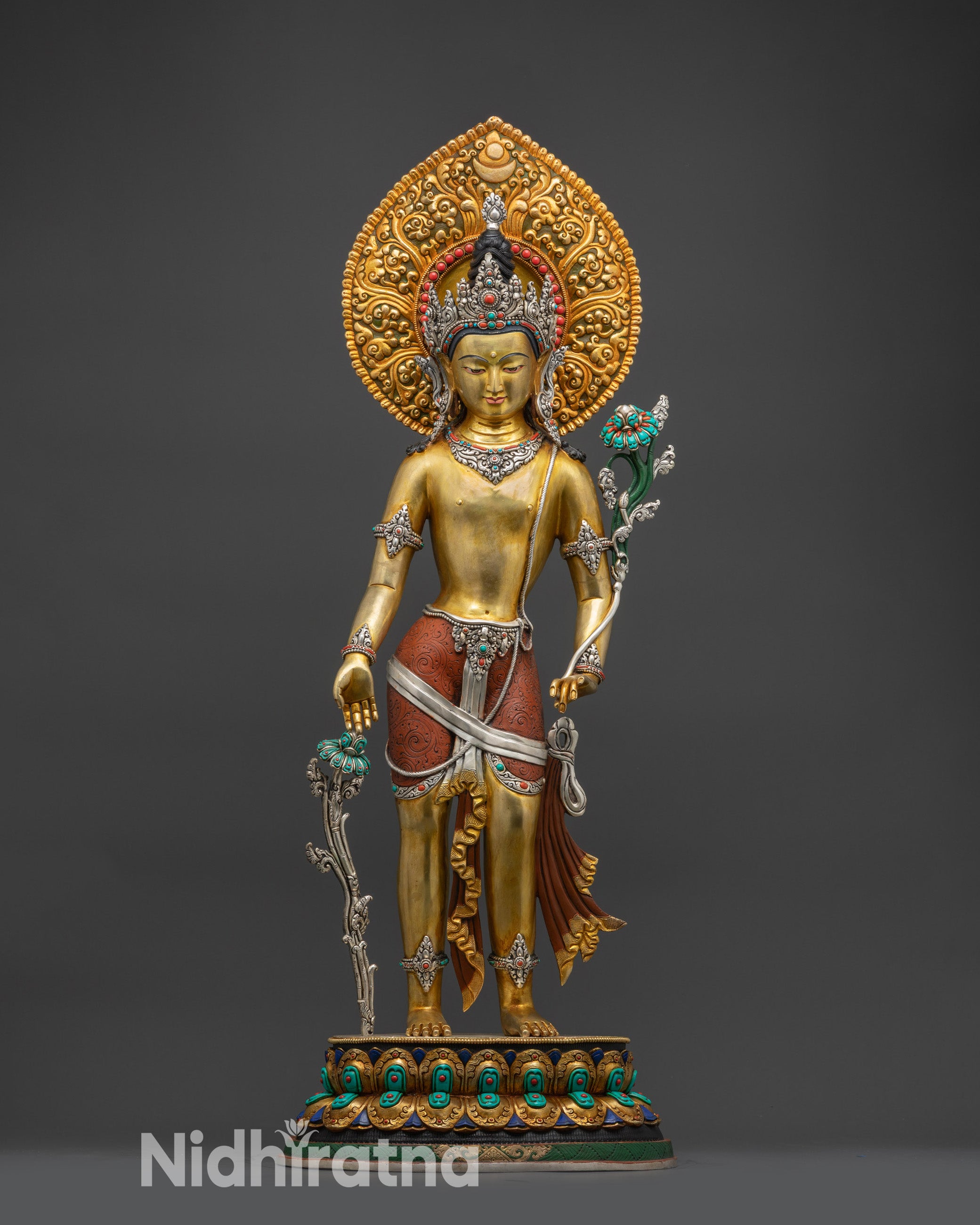 Front view Lokeshwor (Padmapani) statue with gold fire-gilded base and halo
