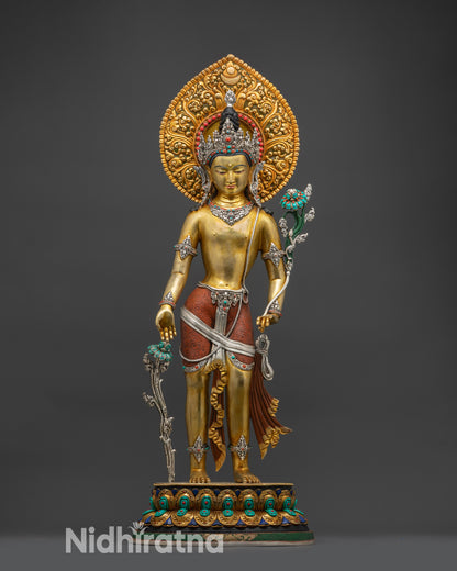 Front view Lokeshwor (Padmapani) statue with gold fire-gilded base and halo
