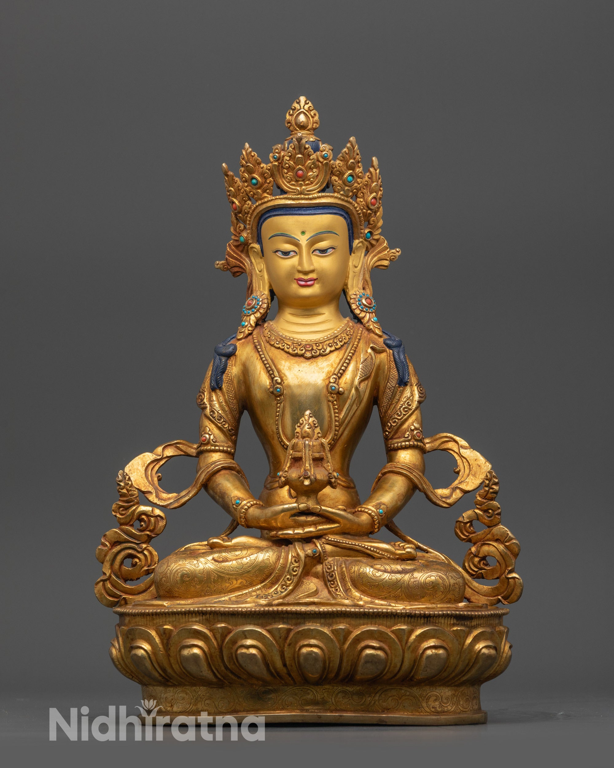Front view Lord of Long Life Amitayus Statue with gold-gilded face and flowing robes
