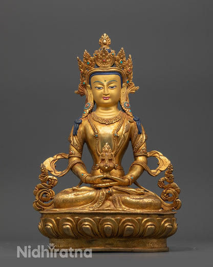 Front view Lord of Long Life Amitayus Statue with gold-gilded face and flowing robes
