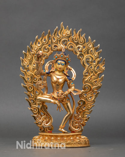 Front view Machig Labdron statue gold-gilded copper turquoise coral Himalayan art
