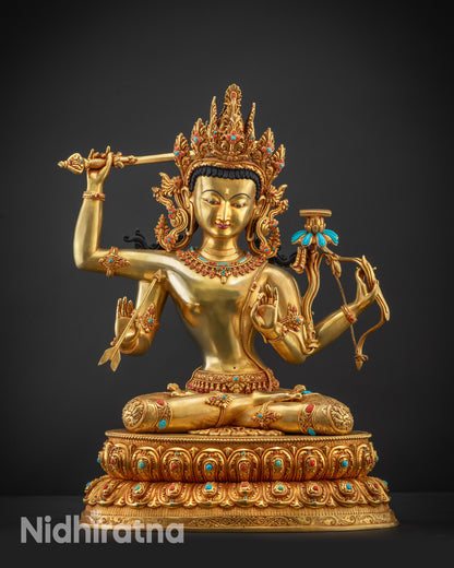 Front view Maha Manjushri Statue 24K gold fire gilded copper Bodhisattva of Transcendent Wisdom
