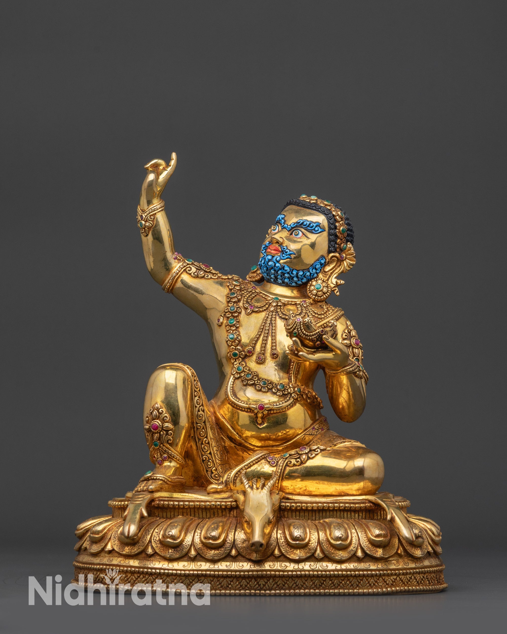 Front view Mahasiddha Virupa Statue with gold base and gemstone-inlaid ornaments