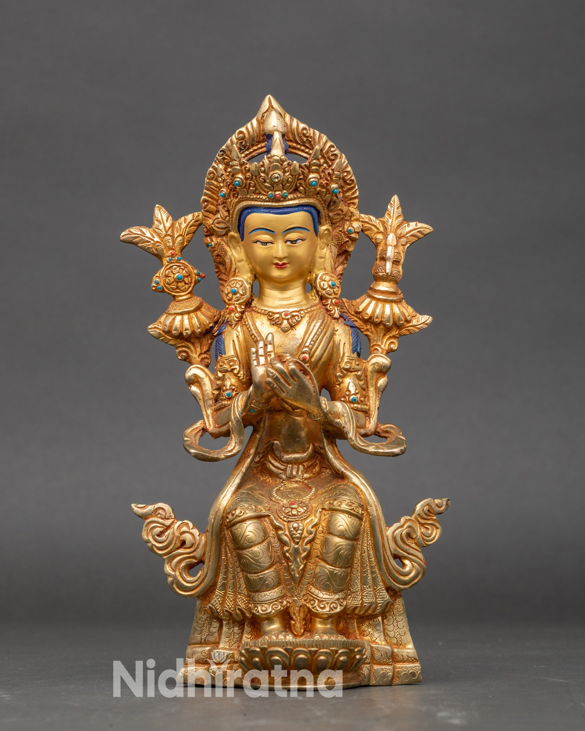 Front view Maitreya Buddha gold-gilded Himalayan Buddhist statue with dharma mudra