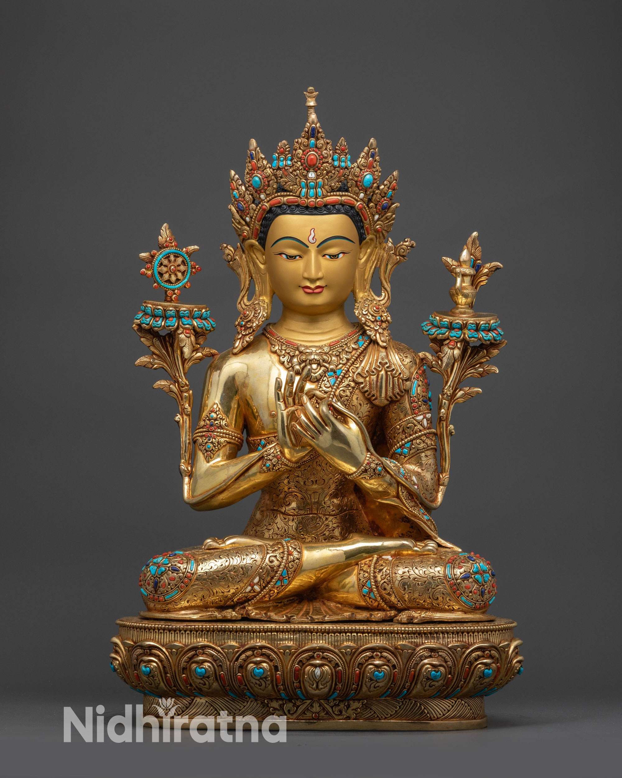 Front view Maitreya Buddha statue with gold-gilded face on lotus pedestal