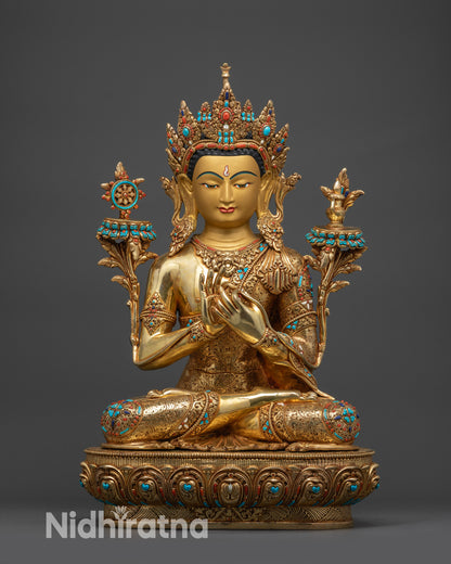 Front view Maitreya Buddha statue with gold-gilded face on lotus pedestal
