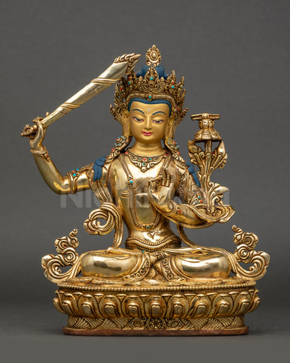 Front view Manjushree Statue, 24K gold-gilded copper with sword and Prajnaparamita book