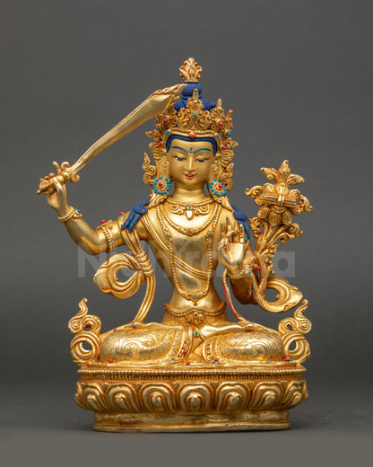 Front view Manjushree Statue, gold-gilded copper Bodhisattva with jeweled crown