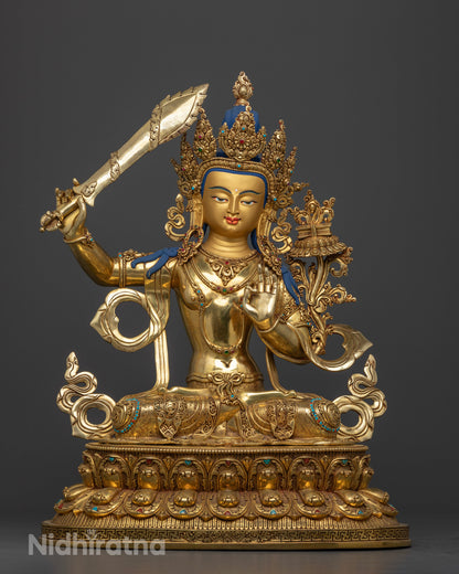 Front view Manjushri Buddha statue copper 24K gold gilded lotus throne Nepal artisan