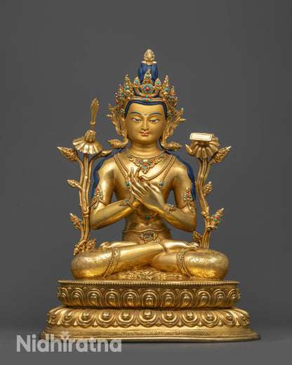 Front view Manjushri Statue on lotus seat with gold-gilded face and crow