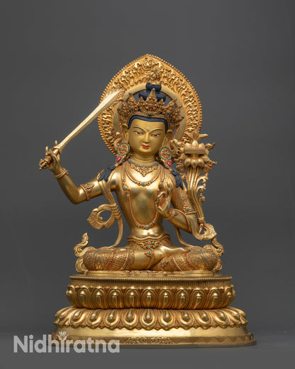 Front view Manjushri Statue with 24K fire-gilded copper body on lotus seat