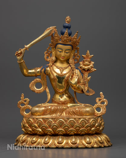 Front view Manjushri statue on multi-layered lotus pedestal, gold-painted face, handcrafted Nepalese copper sculpture