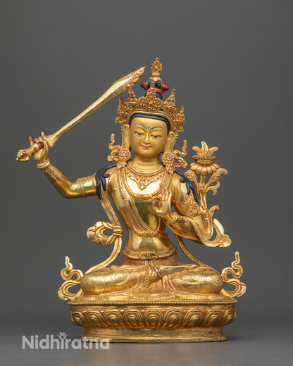 Front view Manjushri wisdom Buddha statue 24K gold gilded copper lotus throne Nepal art