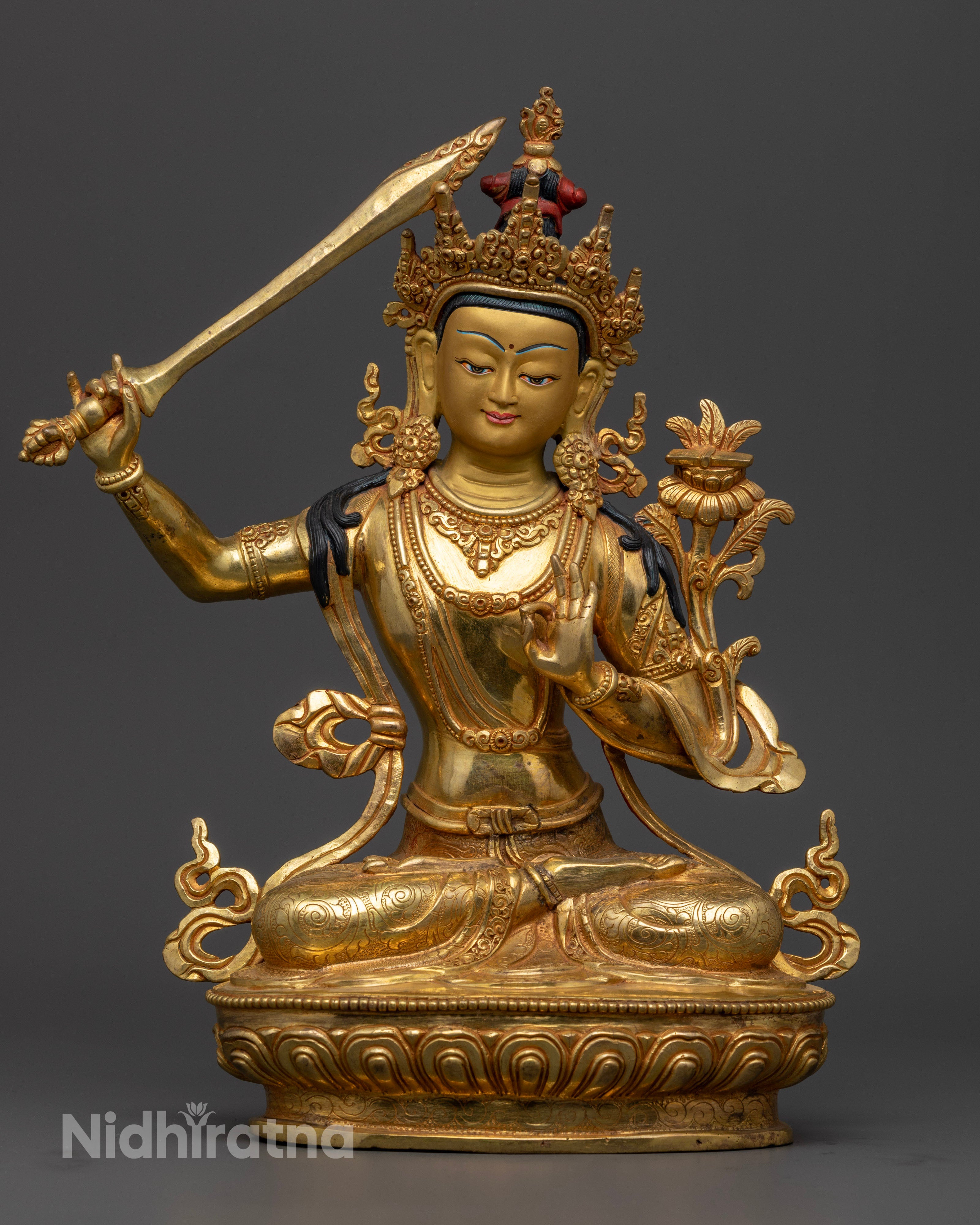 Front view Manjushri wisdom Buddha statue copper gold gilded Nepal lotus throne sword