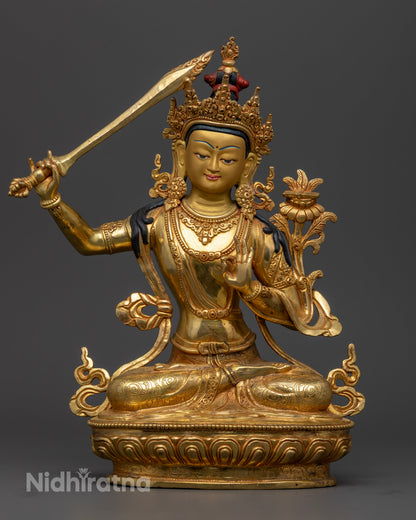 Front view Manjushri wisdom Buddha statue copper gold gilded Nepal lotus throne sword