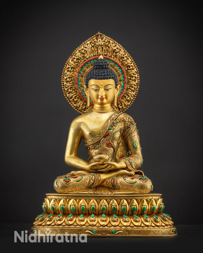 Front view Masterpiece Amida Buddha Statue, gold-gilded face with semi-precious stones
