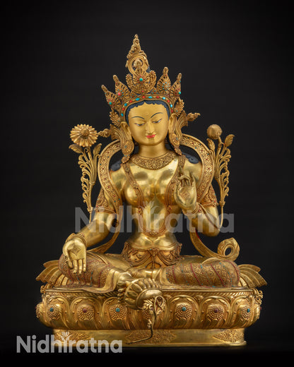 Front view Masterpiece Green Tara Statue with gold-gilded face and fire-gilded body