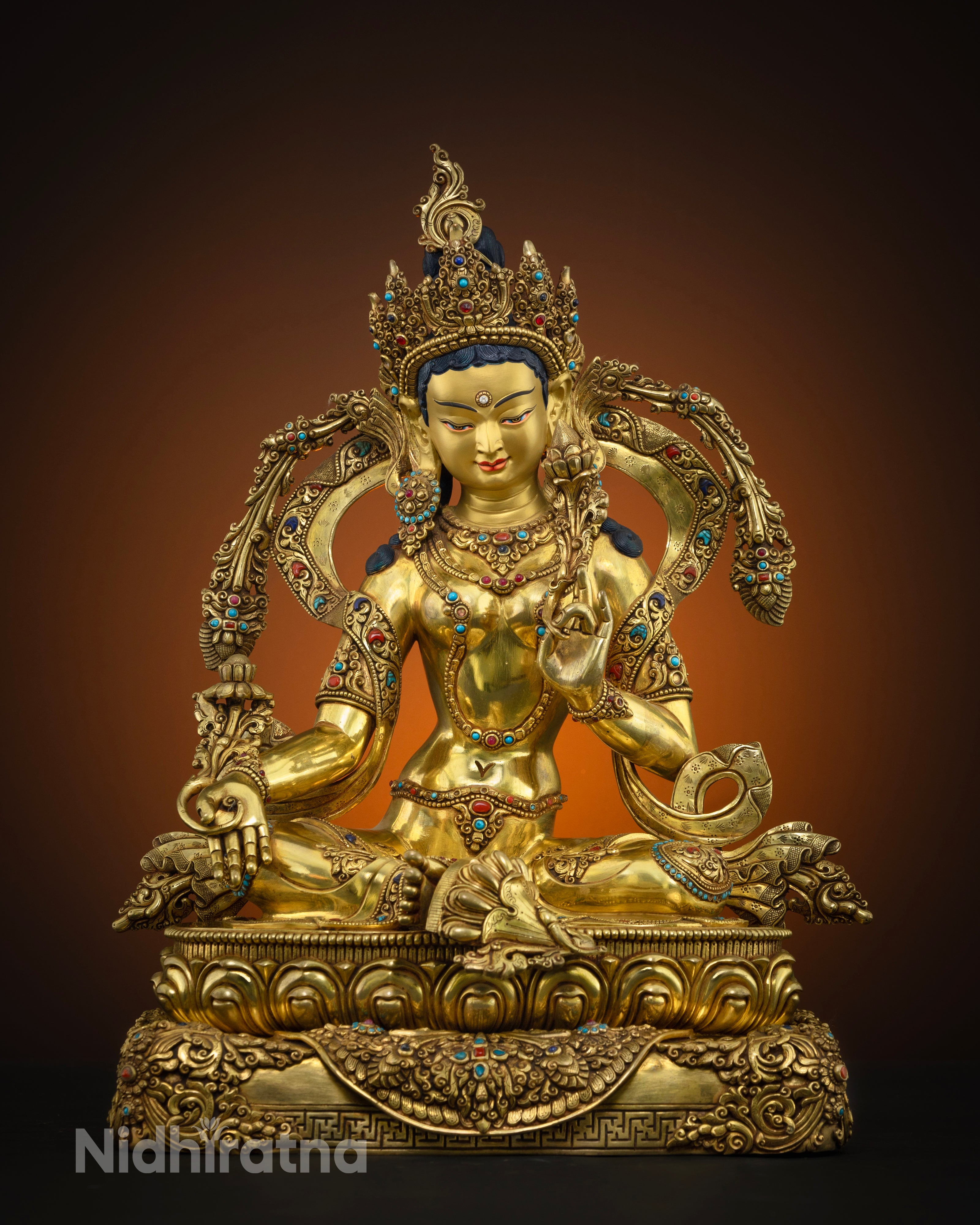 Front view Masterpiece Green Tara statue with double lotus pedestal, 24K gold gilded copper, Himalayan Buddhist art