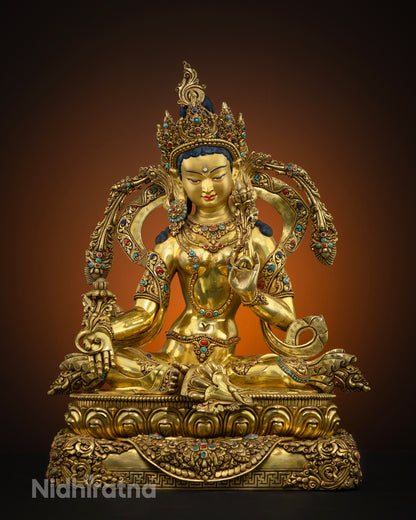 Front view Masterpiece Green Tara statue with double lotus pedestal, 24K gold gilded copper, Himalayan Buddhist art