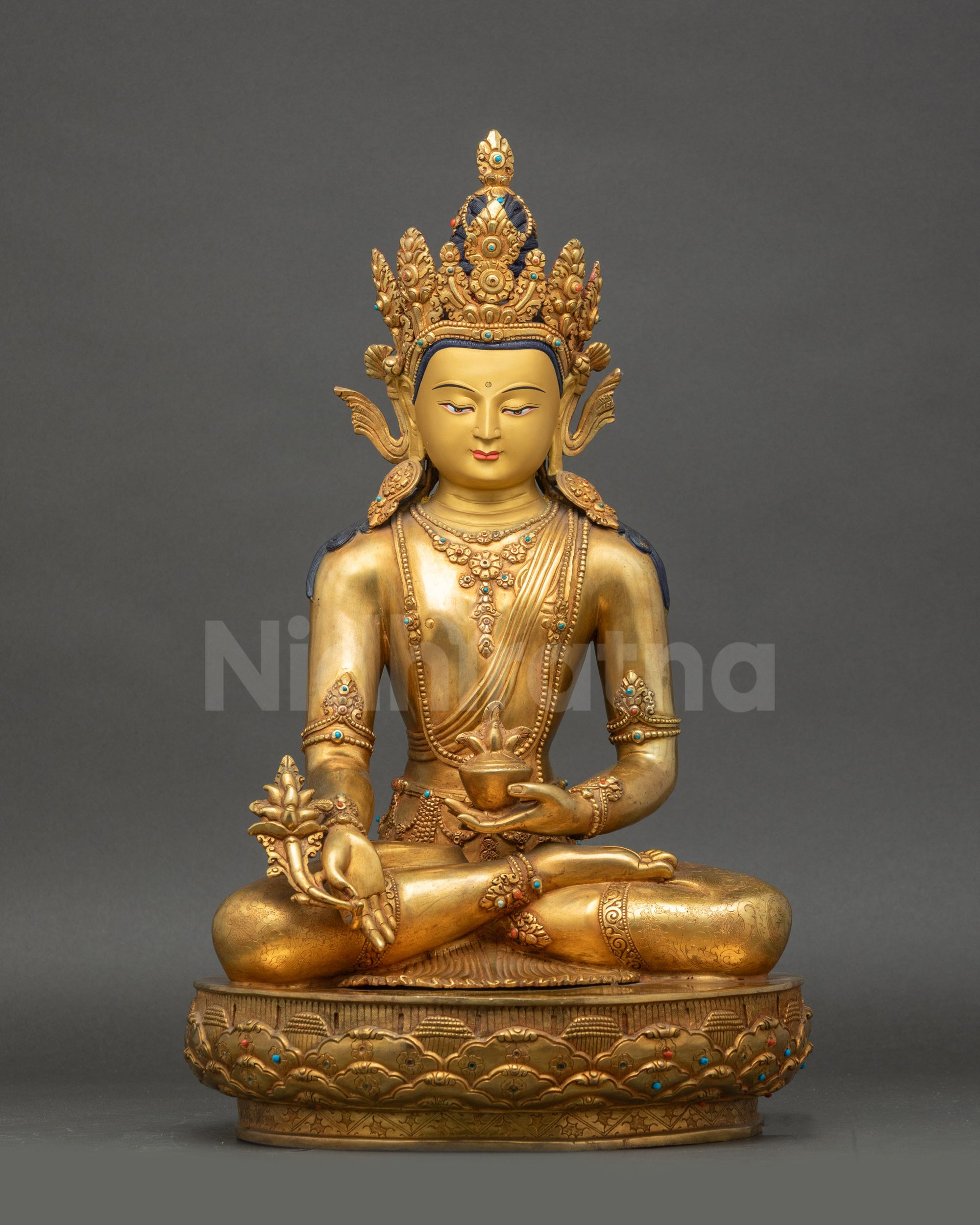 Front view Medicine Buddha Bhaisajyaguru statue, 24K gold lotus base healing art