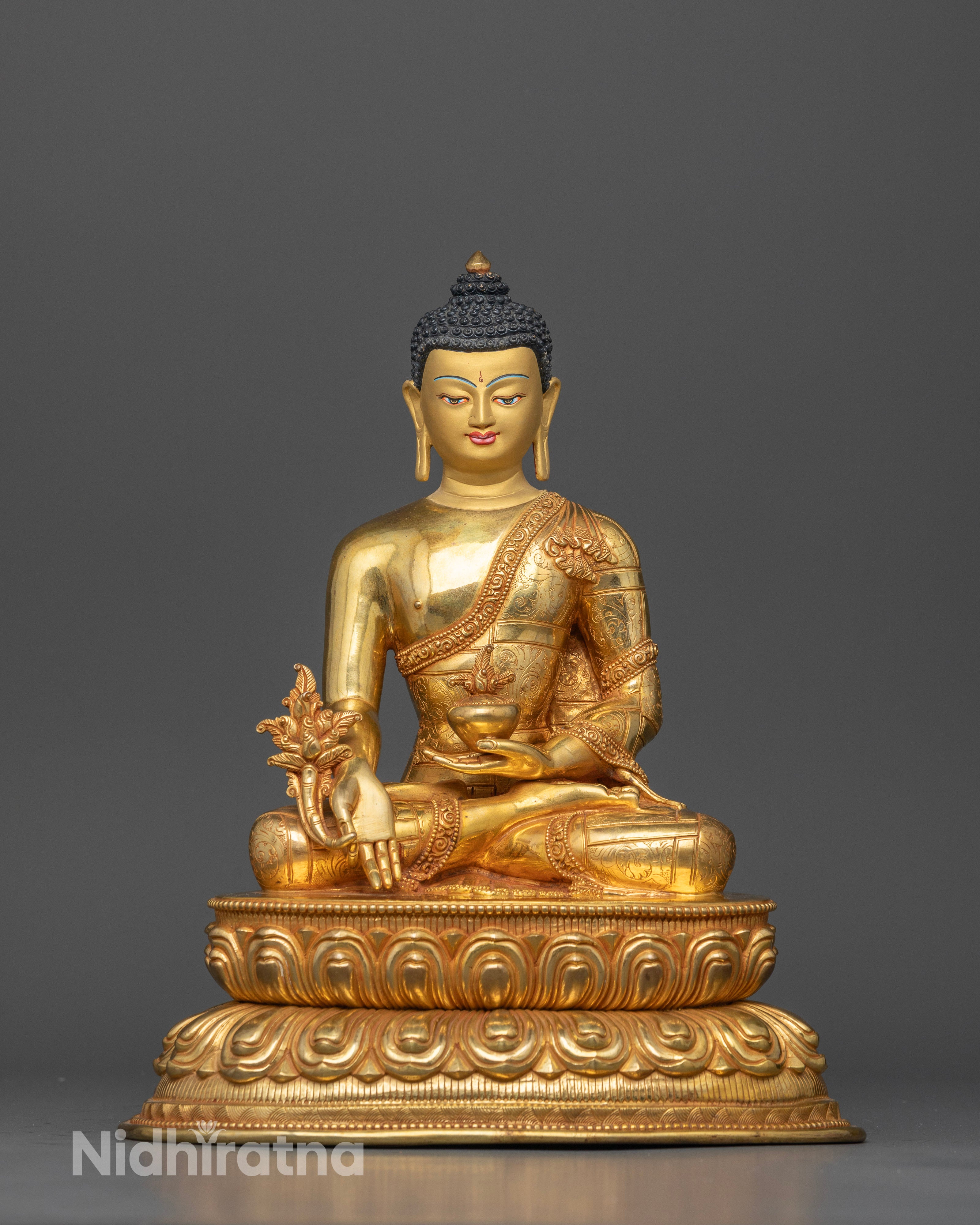 Front view Medicine Buddha statue copper gold gilded double lotus seat Nepal artisan