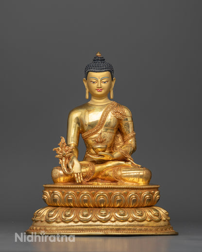Front view Medicine Buddha statue copper gold gilded double lotus seat Nepal artisan