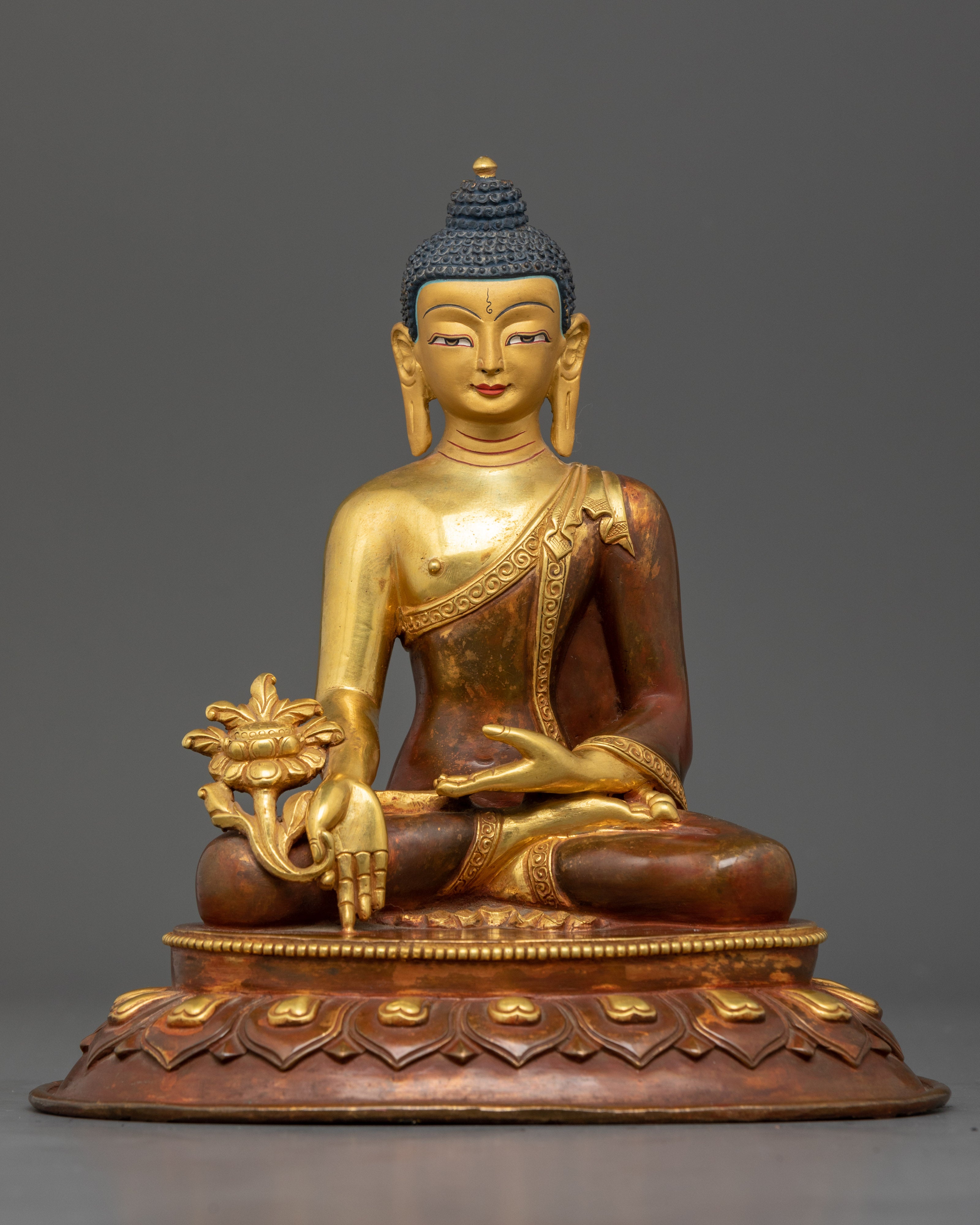 Front view Medicine Buddha statue gold-gilded copper Nepalese healing deity
