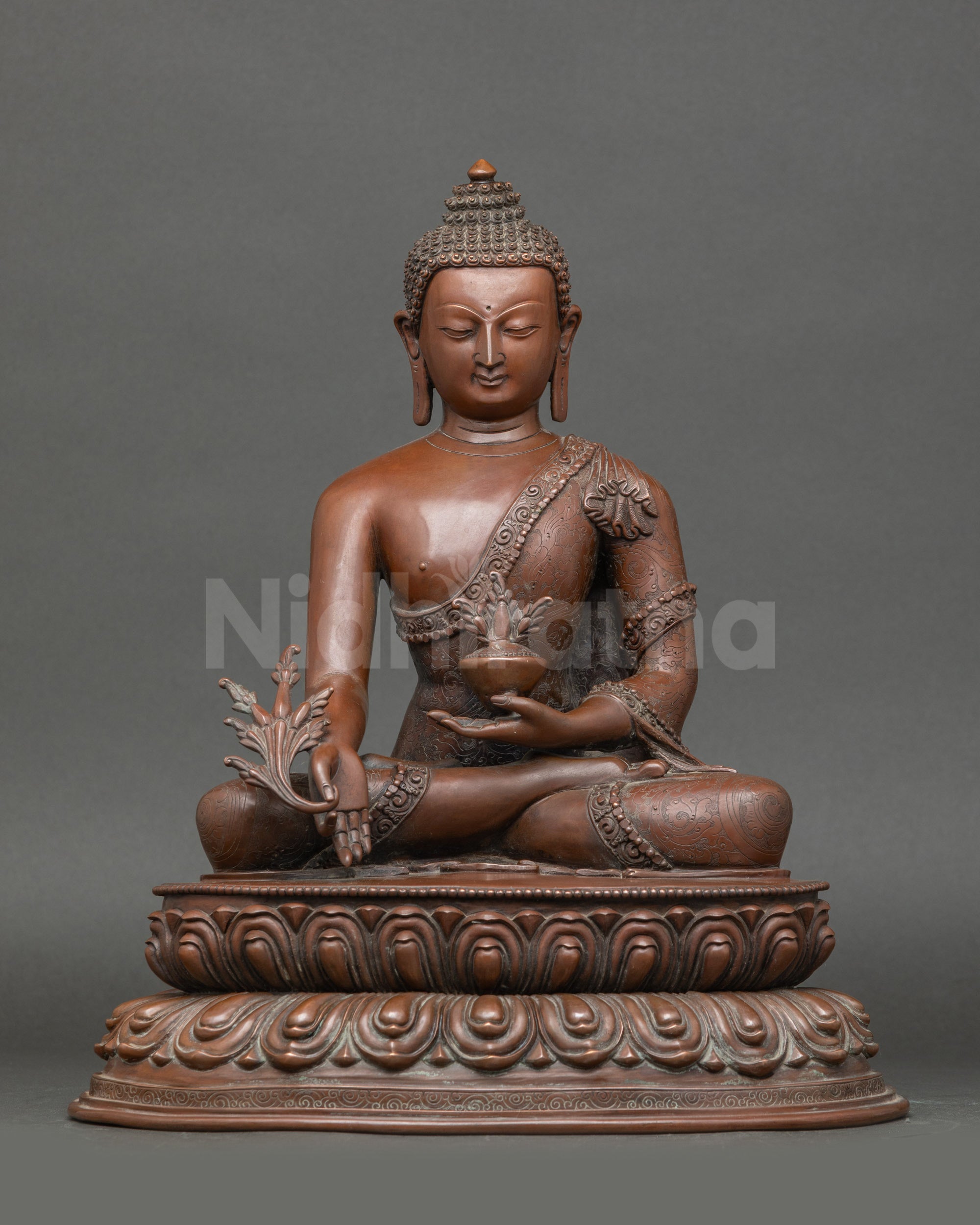 Front view Medicine Buddha statue, handcrafted Nepalese copper for healing & meditation