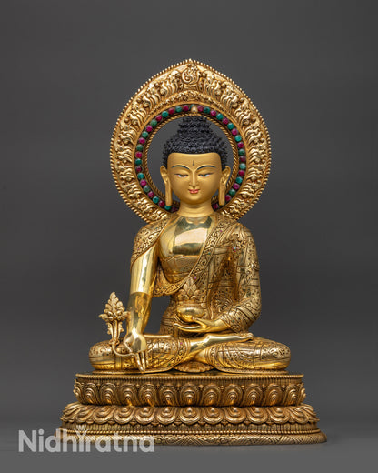 Front view Medicine Buddha statue with lotus base and gold-gilded face
