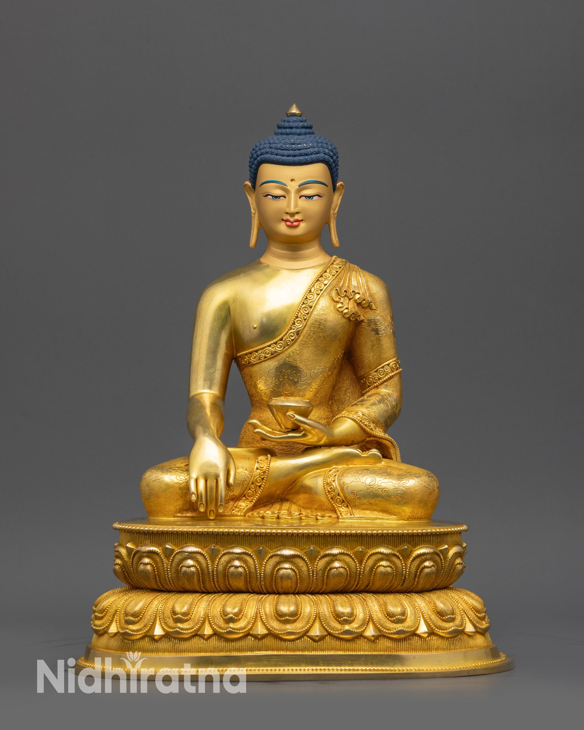 Front view Meditating Shakyamuni Buddha Statue with gold-gilded face and lotus seat