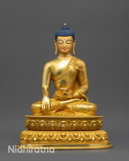 Front view Meditating Shakyamuni Buddha Statue with gold-gilded face and lotus seat
