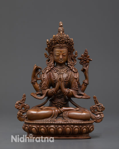 Front view Meditation Avalokiteshvara Statue with oxidized copper and lotus
