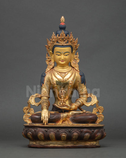 Front view Mitrugpa Buddha statue, handmade Nepalese copper, Akshobhya, meditation statue
