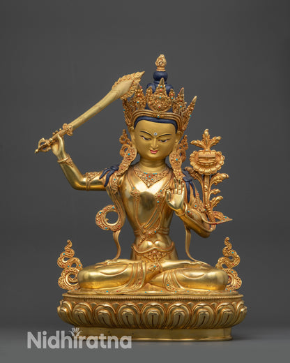 Front view Monju Bosatsu Statue with utpala flower and intricate carvings from Nepal