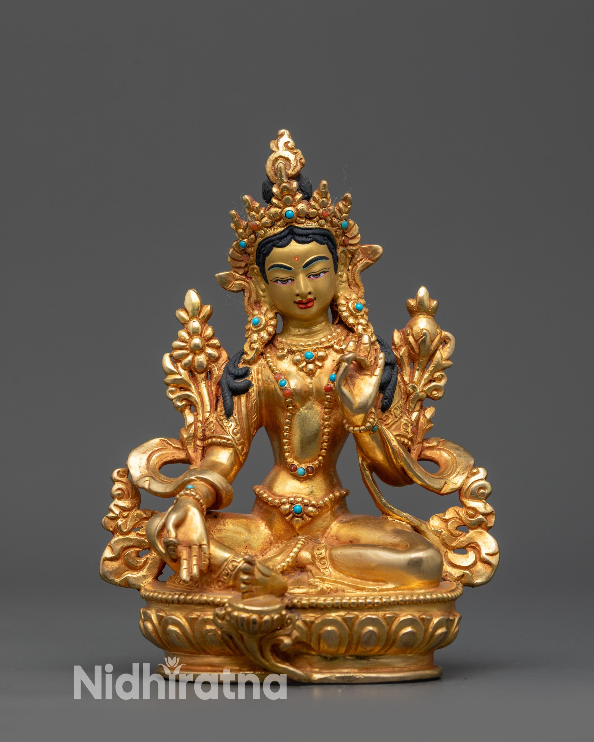 Front view Mother Tara statue seated on lotus throne, handcrafted Tibetan Buddhist sculpture

