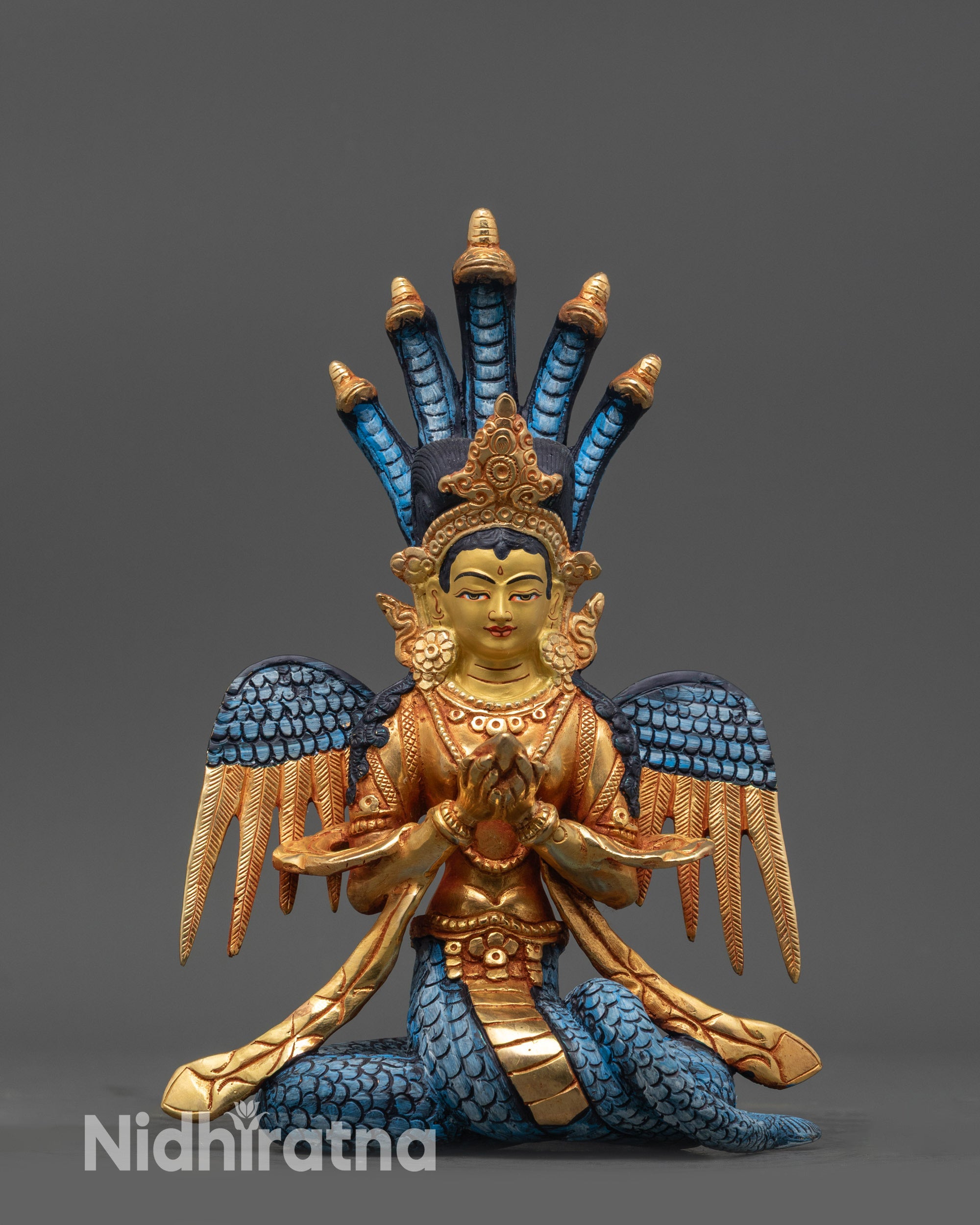Front view Naga Kanya Statue with gold-fire gilded body on copper base
