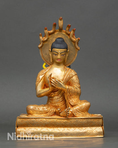 Front view Nagarjun statue 24K gold gilded copper handmade Nepalese Buddhist art