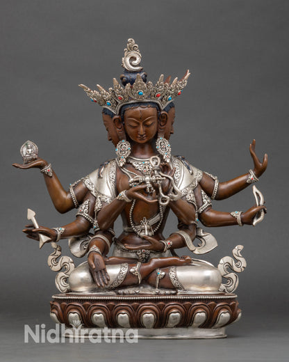 Front view Namgyalma statue – three-faced Buddhist longevity goddess, silver-plated copper sculpture
