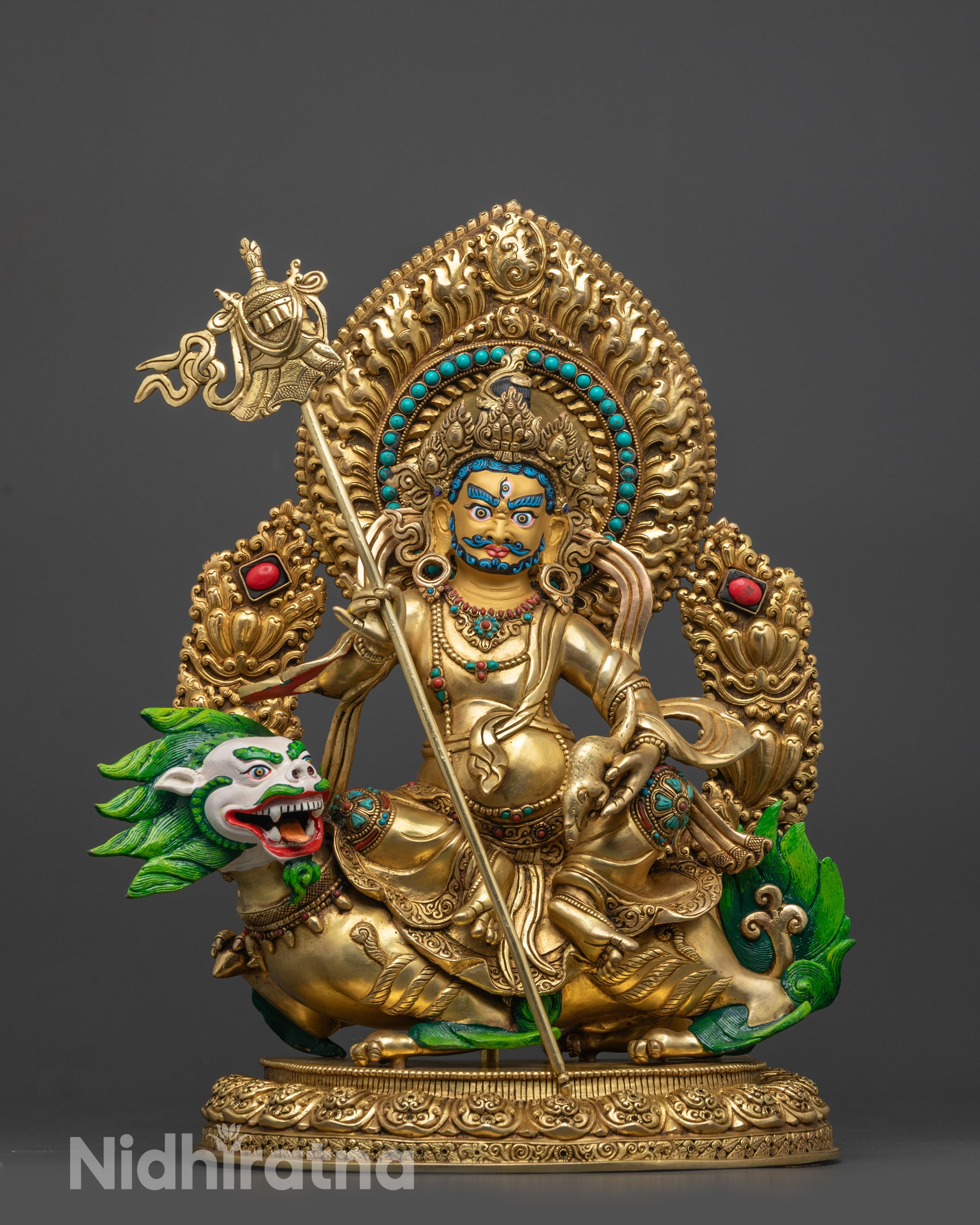Front view Namtoshe Statue with gold-gilded face and fire-gilded body on copper base
