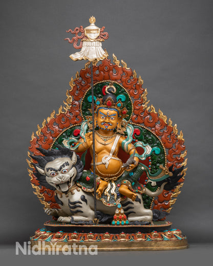 Front view Namtoshe statue hand-painted copper Vaishravana on snow lion Nepal