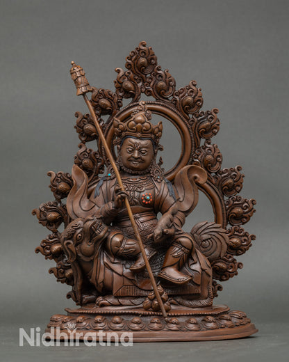Front view Namtoshe statue, handcrafted Nepalese copper, seated on snow lion throne