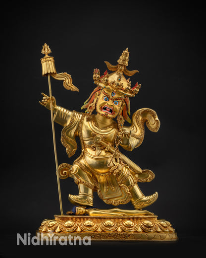 Front view Nechung Chuyong Statue showing wrathful face and skull crown details