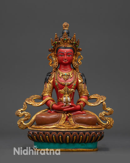 Front view Nepalese Amitayus Buddha meditation statue in red copper with gold accents
