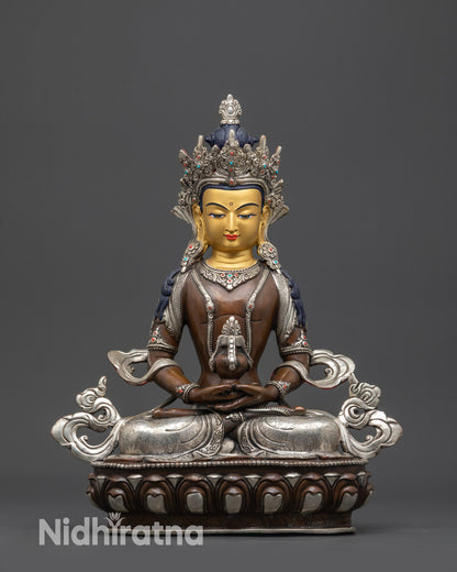 Front view Nepalese Amitayus statue with gold-gilded face, oxidized copper, long-life Buddha
