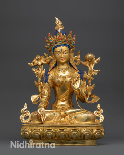 Front view Nepalese White Tara Statue with lotus seat and jeweled crown for blessings